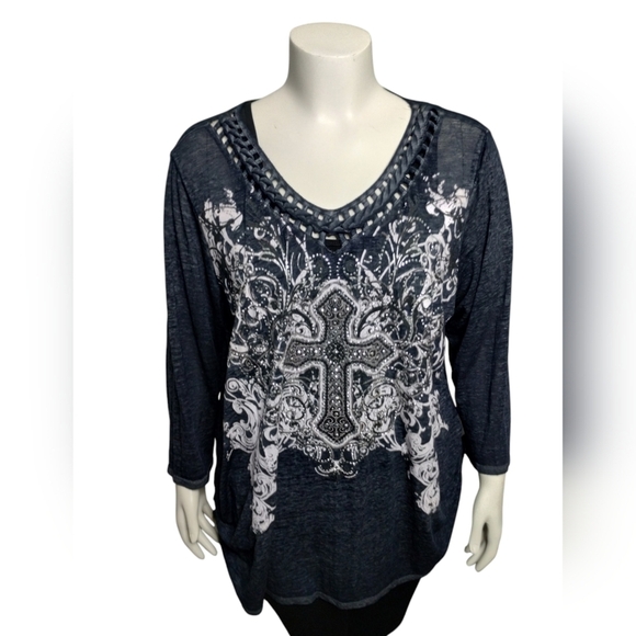 Women's Plus 18/20 Embellished Religious Cross Weaved Neck Tunic Jesus Bling top - Picture 1 of 11